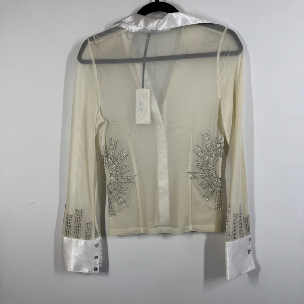Vintage Taglia Sheer Beaded Satin Blouse Ivory Size M Long Sleeve Dressy Top - Picture 10 of 14